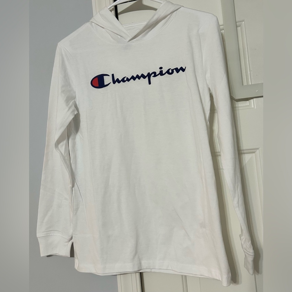 Champion Youth Large White Long Sleeve Shirt with Hoodie NWT